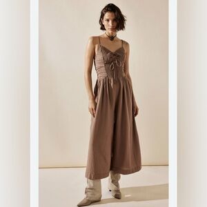 Free People Taupe Wide-Leg Smocked Jumpsuit